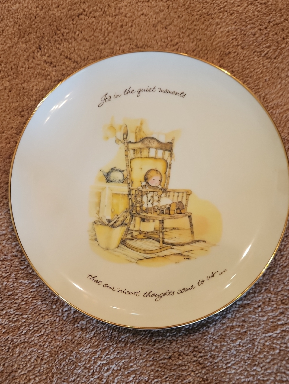 Vintage Holly Hobbie White/ Gold Porcelain Plate with Rocking Chair Illustration